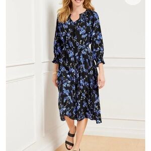 Talbots Smocked Midi Dress Extra Large Petite XLp Blue Floral Fragrant Lilac
